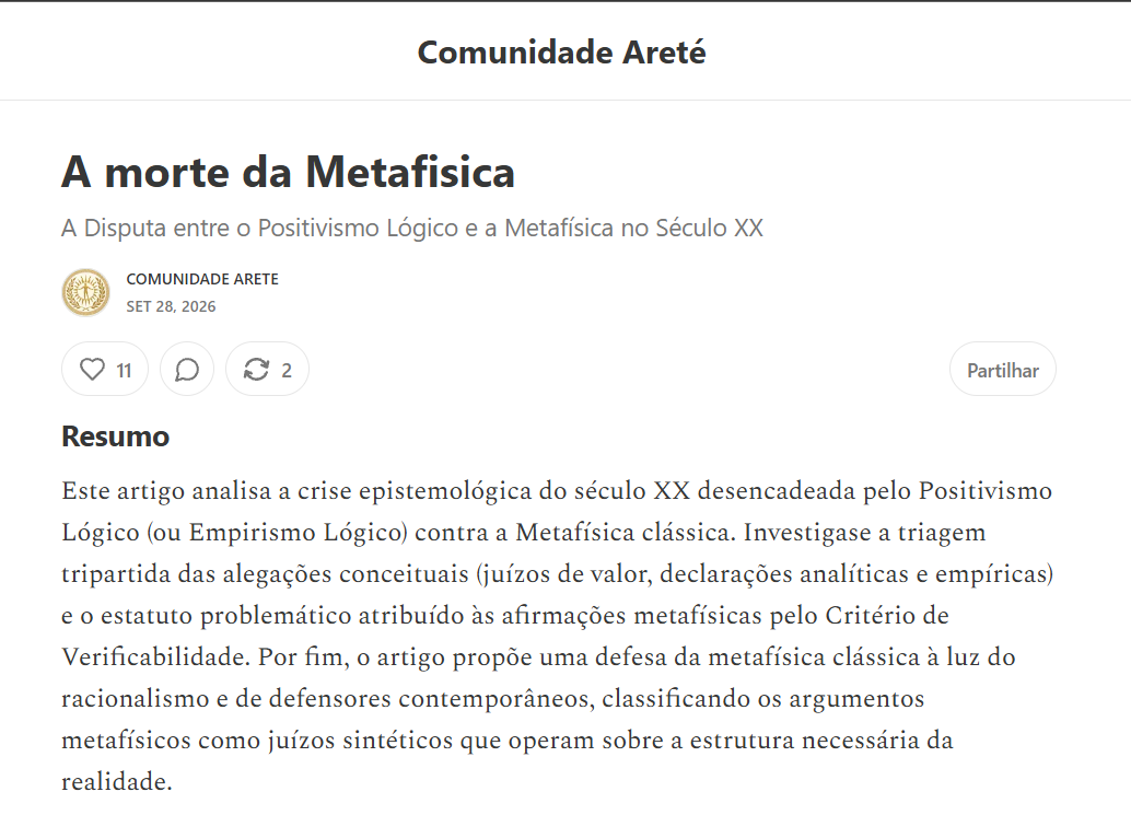Prévia de um artigo da newsletter da Comunidade Areté no Substack: “A morte da Metafísica”.